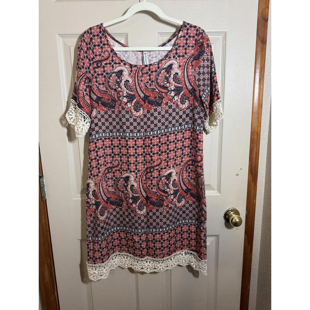 Piphany Casual Boho Dress with Crochet Trim, Size Small